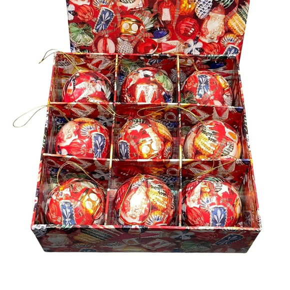 Other - Vintage Decoupage Christmas Tree Ornaments Box Set Of 9 Large Ball Ornaments EUC